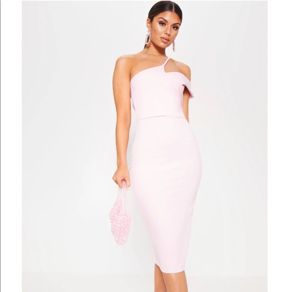 Baby Pink Asymmetric Neck One Shoulder Midi